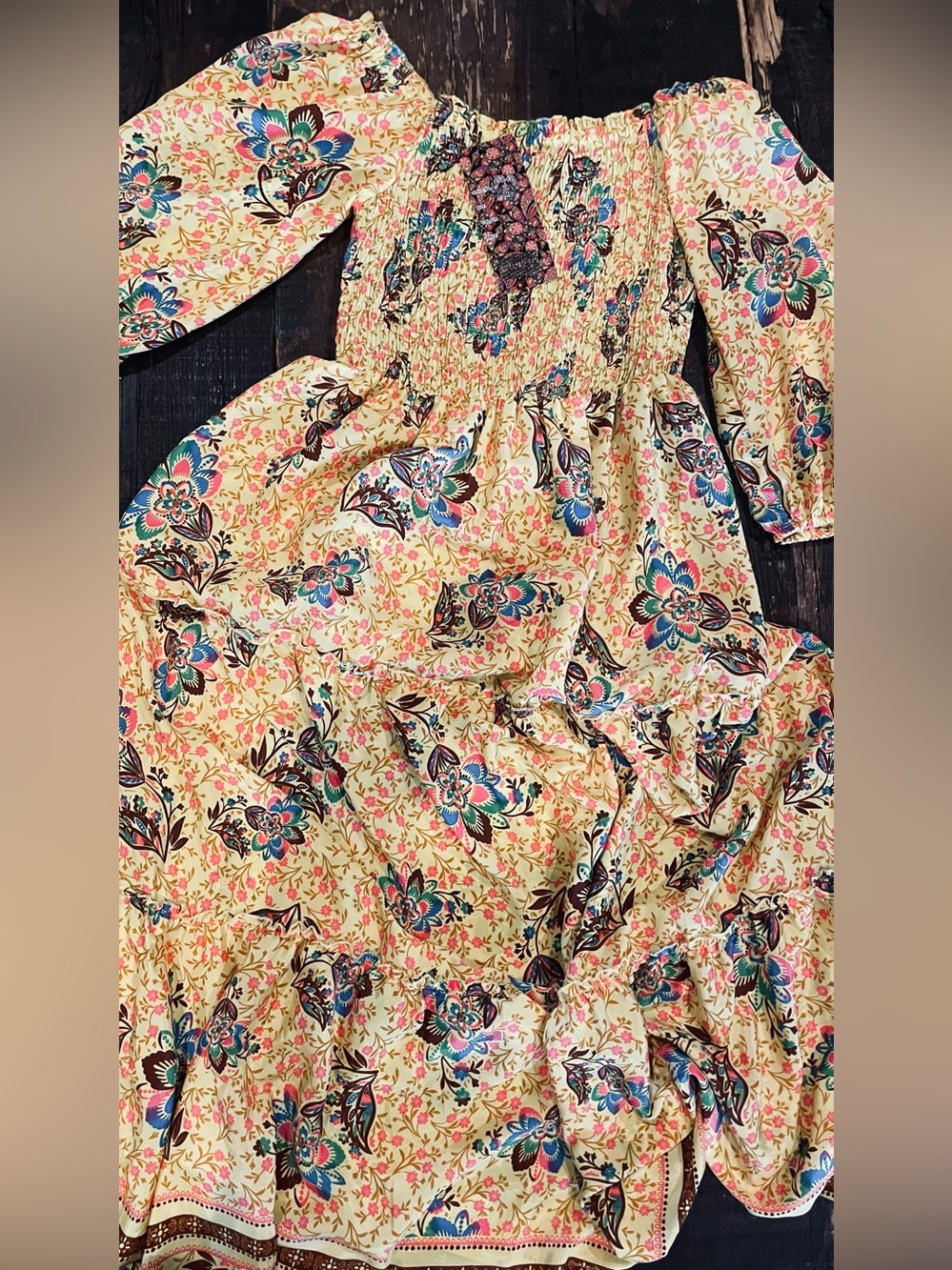 ME 2 MAGIC NWT Boho Yellow Floral Smocked Tiered Maxi Colorful Dress Size M